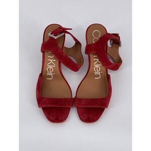 CALVIN KLEIN Women's Red Faux-Suede Open Toe Block-Heel Ankle Strap Sandals SZ 7